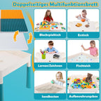 Kindertisch mit 2 Stühlen, 251 Bausteine, höhenverstellbar, 51x51cm doppelseitige Platte, Stauraum innen 10cm, 4 Boxen, rutschfeste Pads, Belastbarkeit 80kg, PP+ABS, Weiß/Blau, ab 2 Jahren