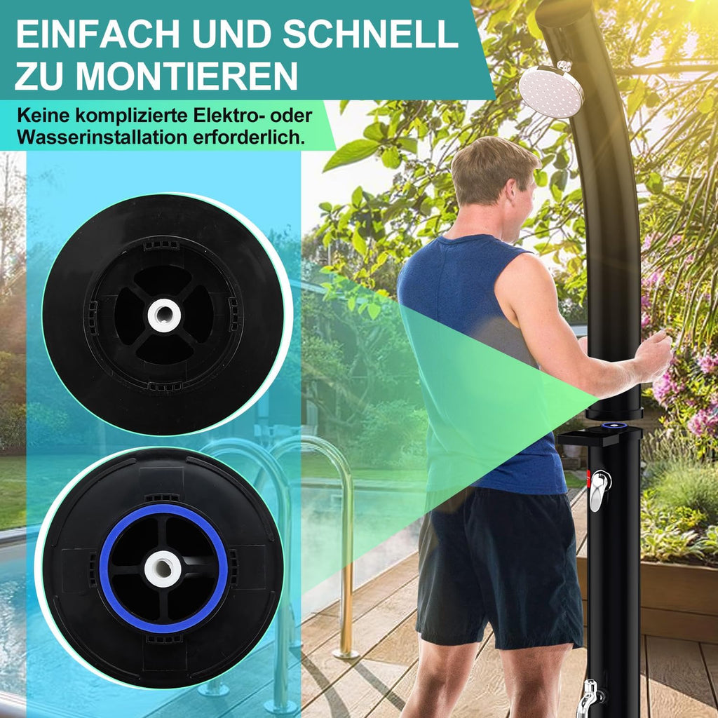 Solardusche Bogen Solar Gartendusche warmes Wasser Bis Zu 60°C Ohne Stromanschluss Pooldusche Camping mit Fußdusche und Duschablage schwenkbarem Regenduschkopf Schutzhülle Schwarz(20L/35L)