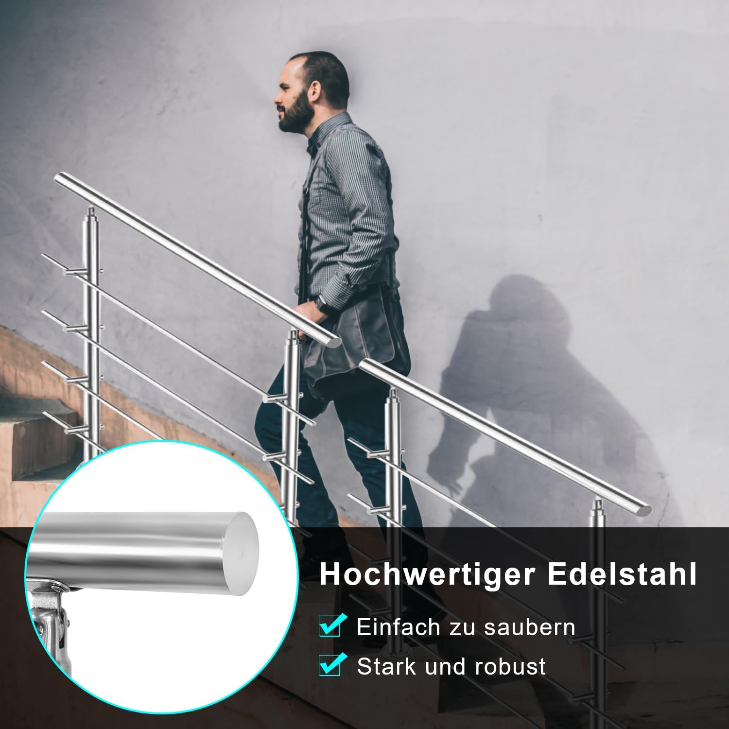 Handlauf Edelstahl 80/100/120/150/160/180 cm, Treppengeländer mit 2 Querstreben | Rostfrei, Wetterfest, Gebürstet, Winkelverstellbar für Innen & Außen und für Treppen, Balkon & Eingang