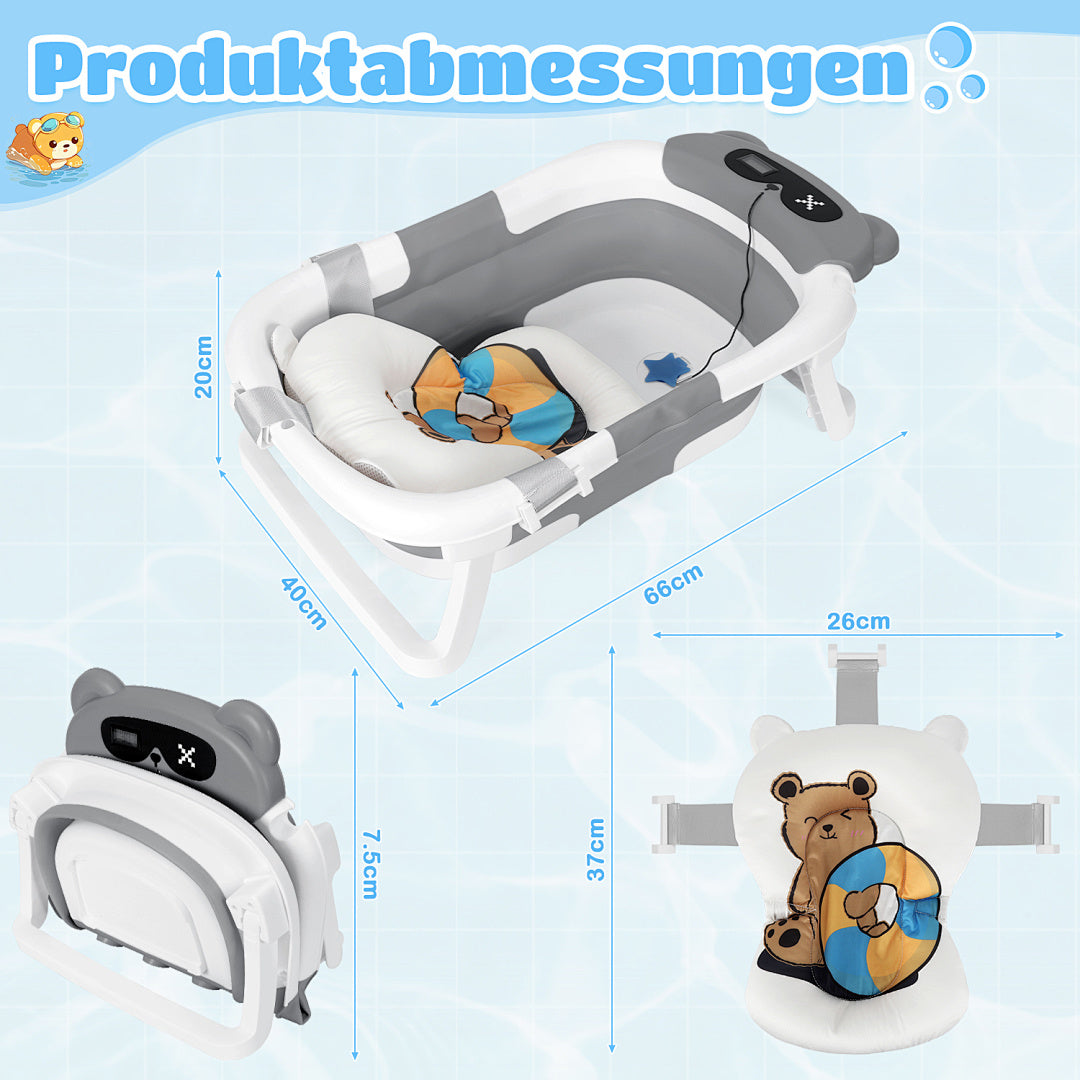 Babybadewanne, Kinderbadewanne, 0–12 Monate, zusammenklappbare Badewanne, grauer Bär (mit Badematte)
