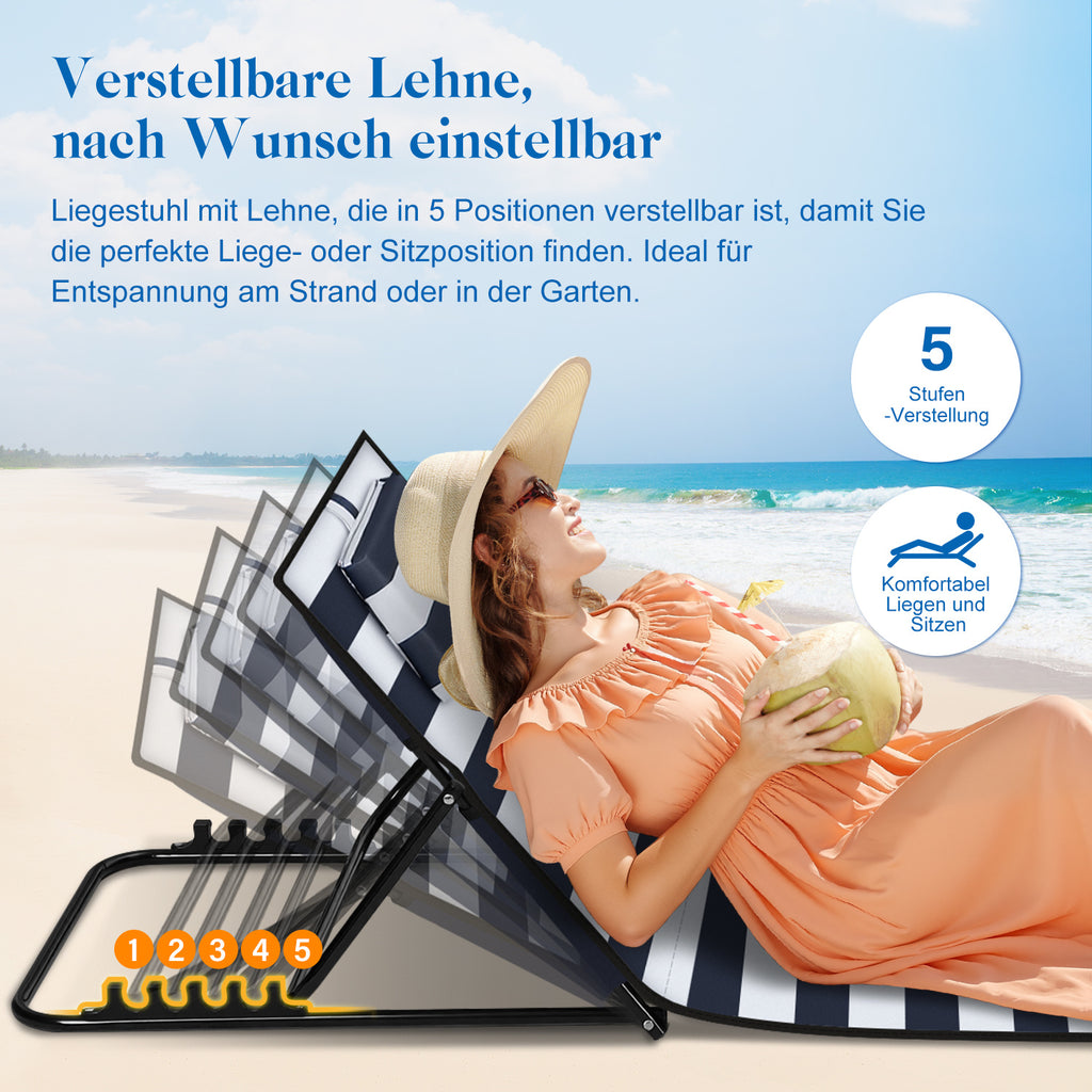 Strandliege Klappbar leicht, strandmatten gepolstert,Strandliege mit Handtasche,Staufächern,eingebautes Kissen mit 5-Gang-Einstellung, verschleißfestes Gewebe(158cm)