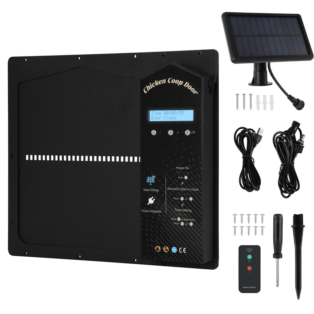 Elektrisches Solartor für Hühnerställe – Automatisches Hühnerstalltore mit Lichtsensor – LCD-Display – Zeitschaltuhr – Fernbedienung – Intelligente Schutzfunktion