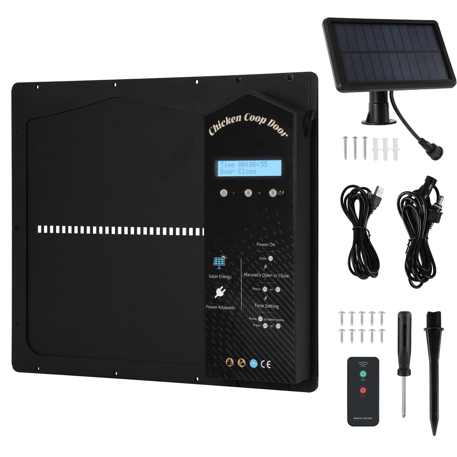 Elektrisches Solartor für Hühnerställe – Automatisches Hühnerstalltore mit Lichtsensor – LCD-Display – Zeitschaltuhr – Fernbedienung – Intelligente Schutzfunktion