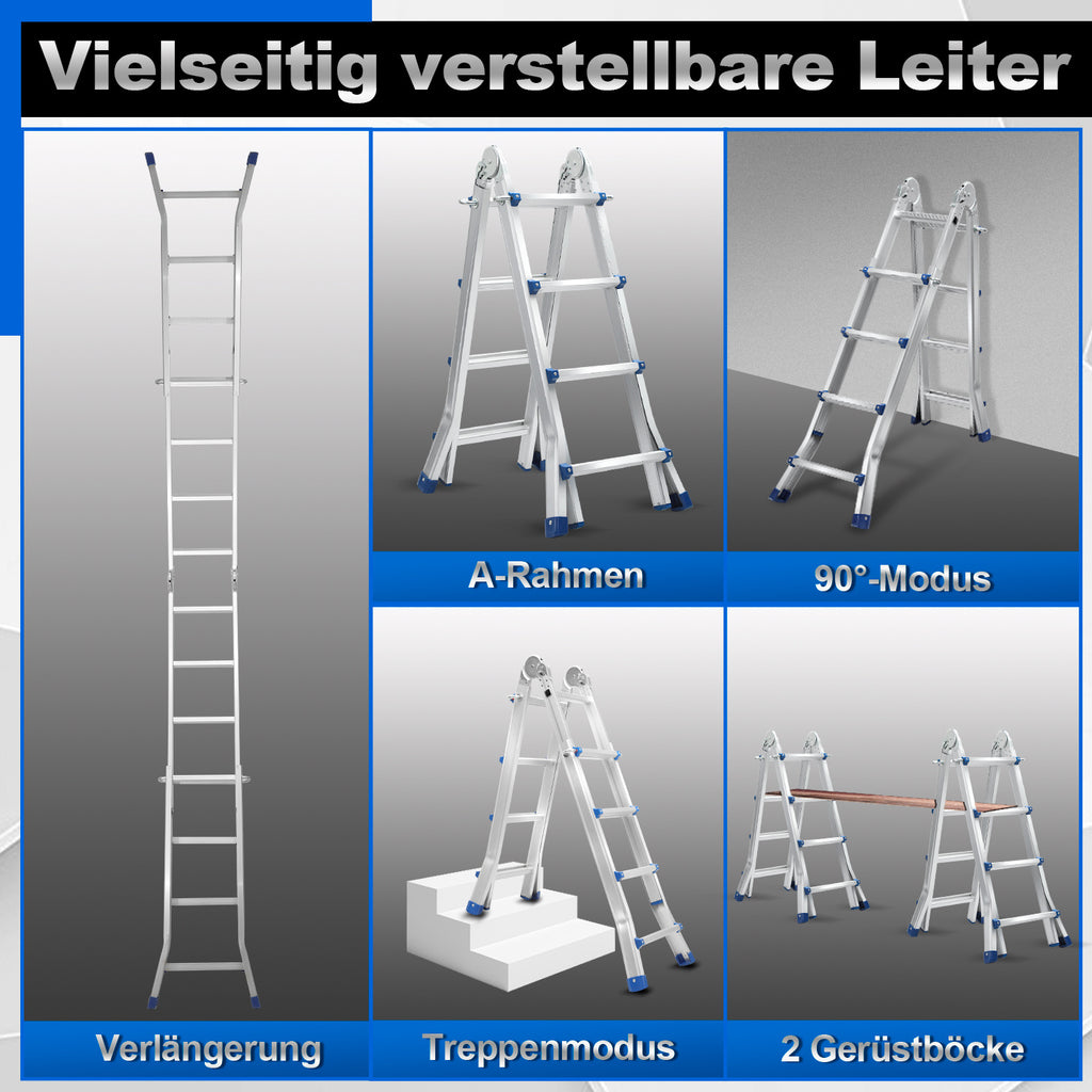 Aluminium multi-purpose ladder, 4-in-1 folding ladder, load capacity 150 kg, step ladder, extension ladder, double-sided ladder and stair ladder, telescopic ladder