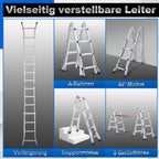Aluminium multi-purpose ladder, 4-in-1 folding ladder, load capacity 150 kg, step ladder, extension ladder, double-sided ladder and stair ladder, telescopic ladder
