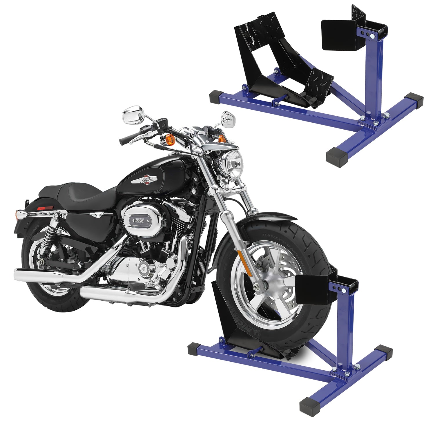 Motorrad Montageständer, Motorradwippe vorn Vorderradklemme Motorrad Ständer, Geeignet für 17-21 Zoll Reifen,Transportständer Radwippe, Blau