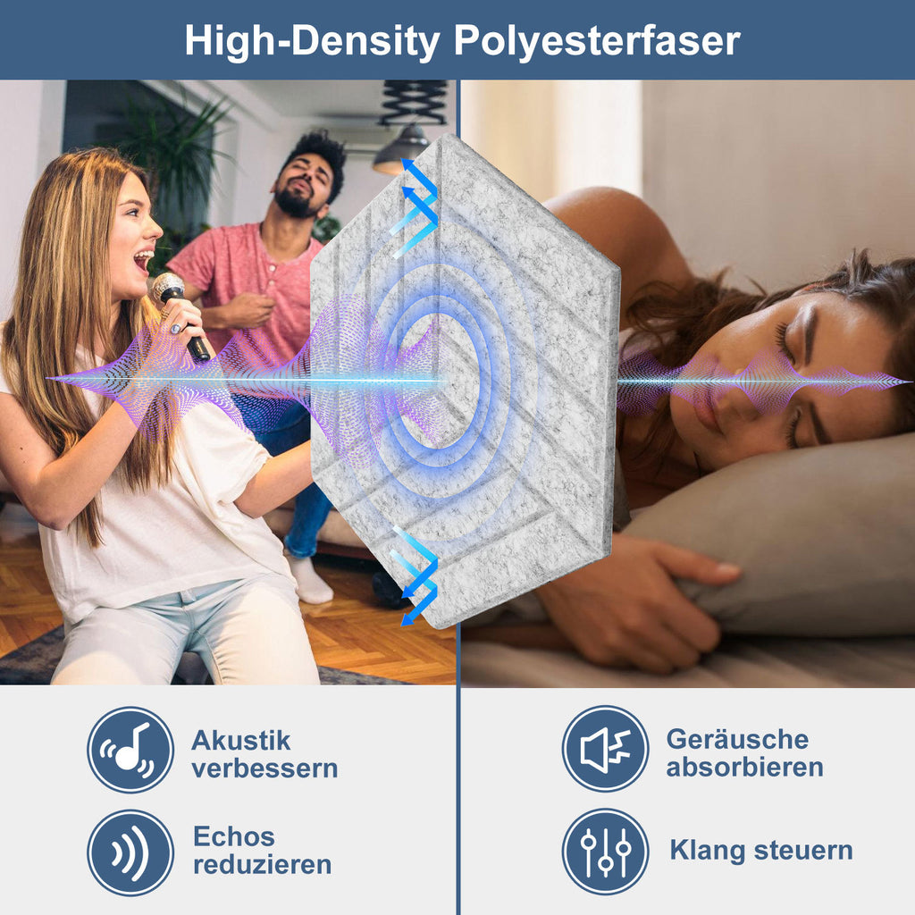 12–36 Stück sechseckige Akustikplatten, selbstklebend, schwarz/grau, aus hochdichtem Dämmmaterial, platzsparend, geeignet für Wandverkleidungen und Schalldämmung, ideal für Tonstudios und die Wohnraumgestaltung (30 x 26 x 0,9 cm)