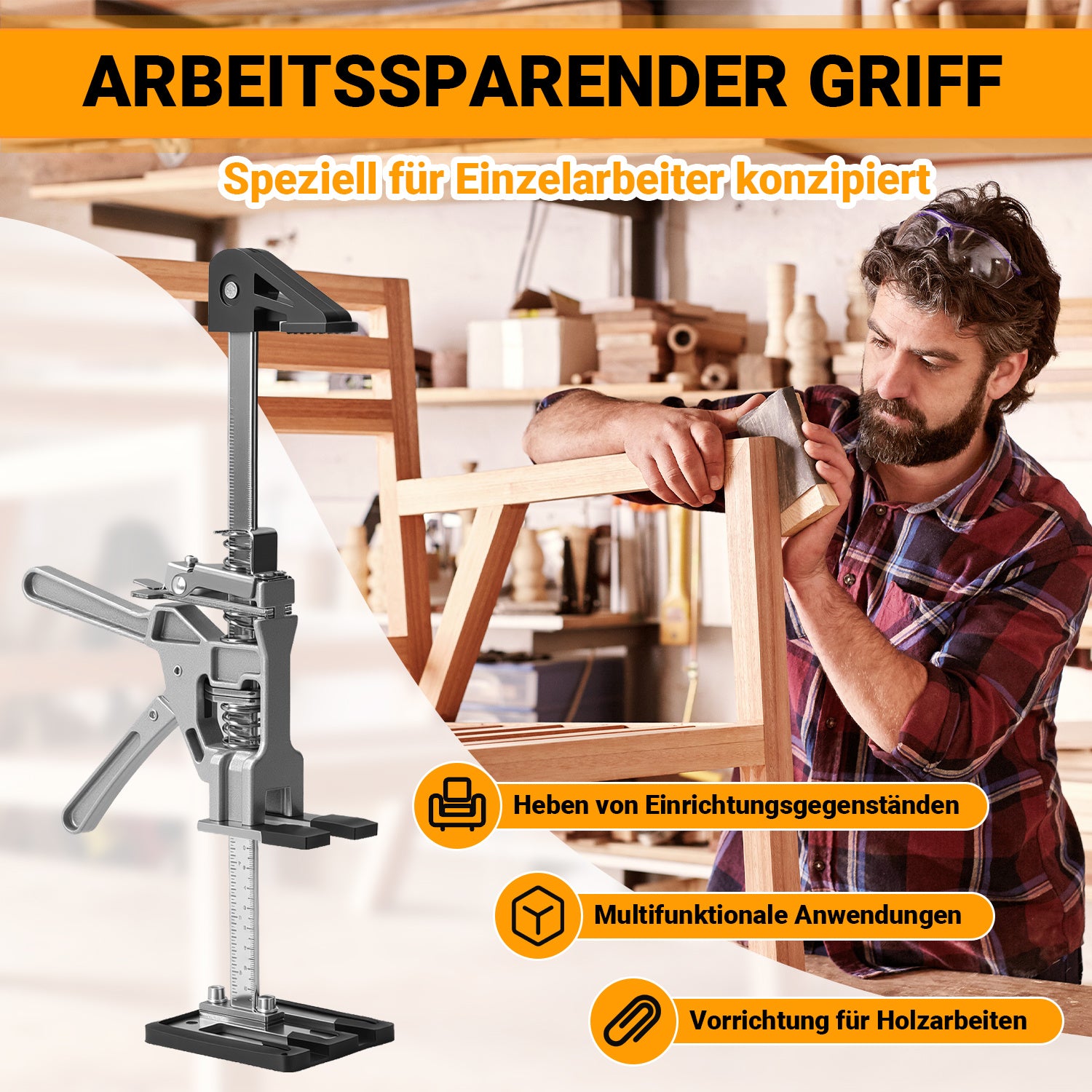 Arbeitssparender Möbelheber 2/4 Stück 38cm bis 200kg Handwerkzeugheber, Armwagenheber mit Skala & Doppelschnelligkeitsabsenkung, Hub 0-230mm, Klemmkopf & rutschfesten Gummipads