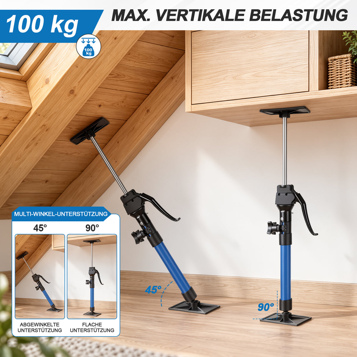 2er- bzw. 4er-Set Multifunktionale Stützstange | Doppelte Befestigungsvorrichtung + Griff aus Aluminiumlegierung | Höhenverstellbar von 40–60 cm, Stützwinkel 90°/45°, geeignet für die vorübergehende Befestigung von Hängeschränken, Wandpaneelen und Platten