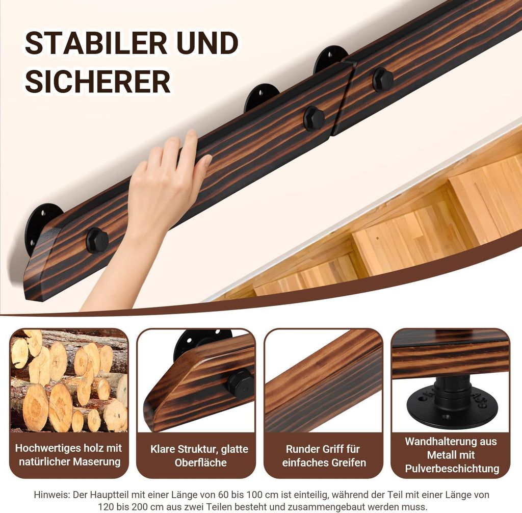 Treppengeländer, Wandgeländer für Treppen, rutschfeste Geländer mit Wandhalterungen und Befestigungszubehör, geeignet für die seitliche Montage an Treppen und Balkonen, flache Ausführung, braun, in sieben Größen erhältlich.