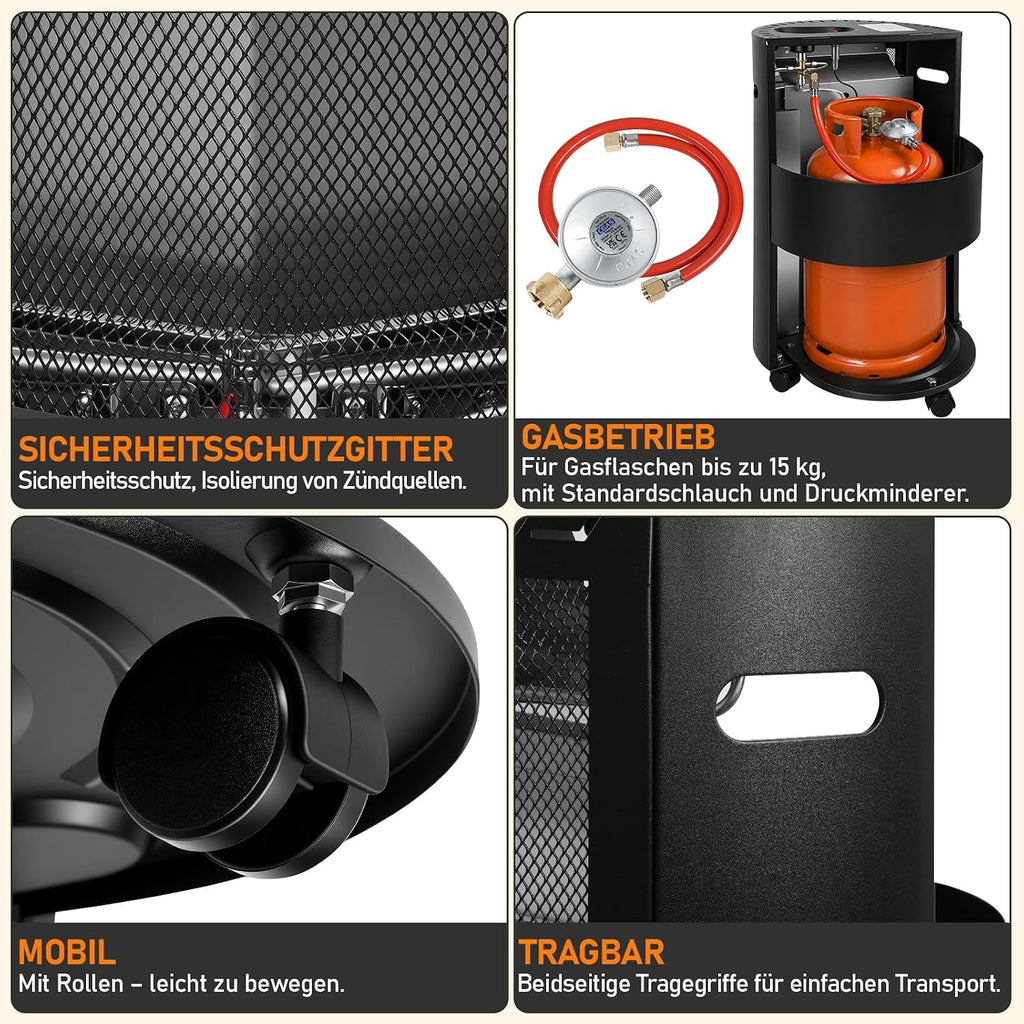 Gasheizung für Innenräume 4200W, Gasofen, 2 Stufen, 2 EU-Adapter Gasheizer mit Dreieckbrenner, Druckregler, Gasschlauch und 2 EU-Adaptern für Balkon, überdachte Terrasse und belüftete Räume