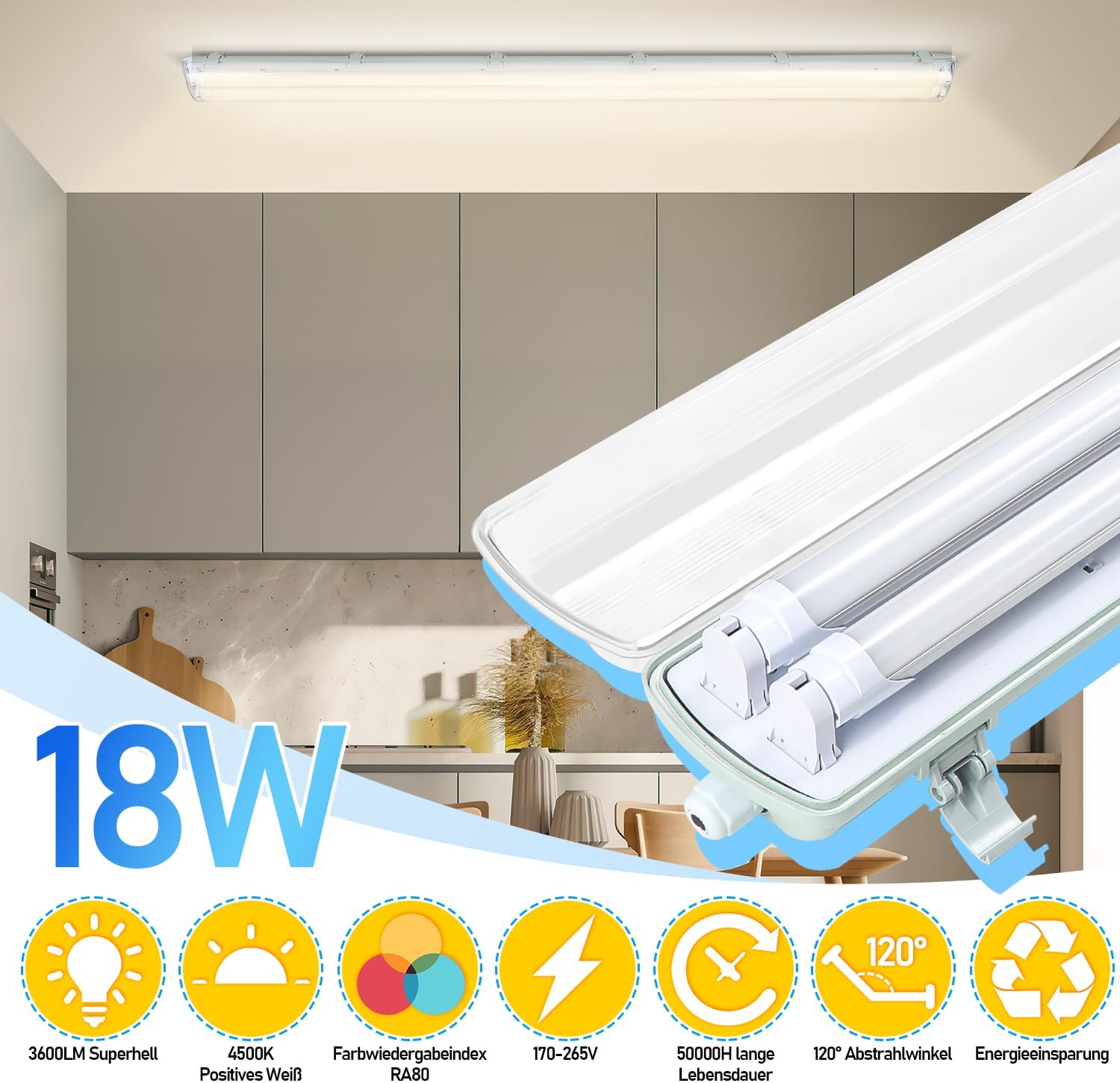 18W Feuchtraumleuchte LED 120cm, Wannenleuchte T8-Doppelleuchte 4000K 3060lm, 50000H, IP65 Werkstattlampe Badlampe Leuchtstoff Röhren Garagenlampen, Bürodeckenleuchte