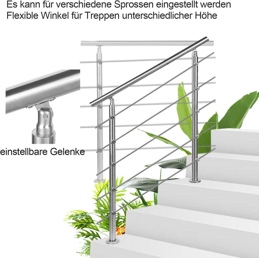 Handlauf Edelstahl 80/100/120/150/160/180 cm, Treppengeländer mit 5 Querstreben | Rostfrei, Wetterfest, Gebürstet, Winkelverstellbar für Innen & Außen und für Treppen, Balkon & Eingang（副本）（副本）（副本）