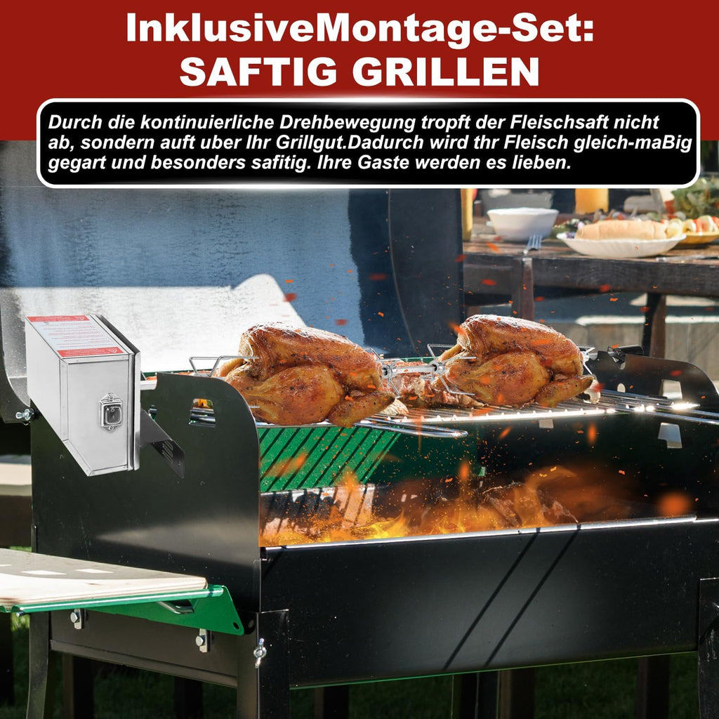 Grillspieß Set, Universal Rotisserie mit 2X Fleischnadeln BBQ Fleischklammer, Griffstück und Edelstahl Motor Elektrischer Drehspieß, Automatischer Fleischwender für Grill, Ofen & Camping