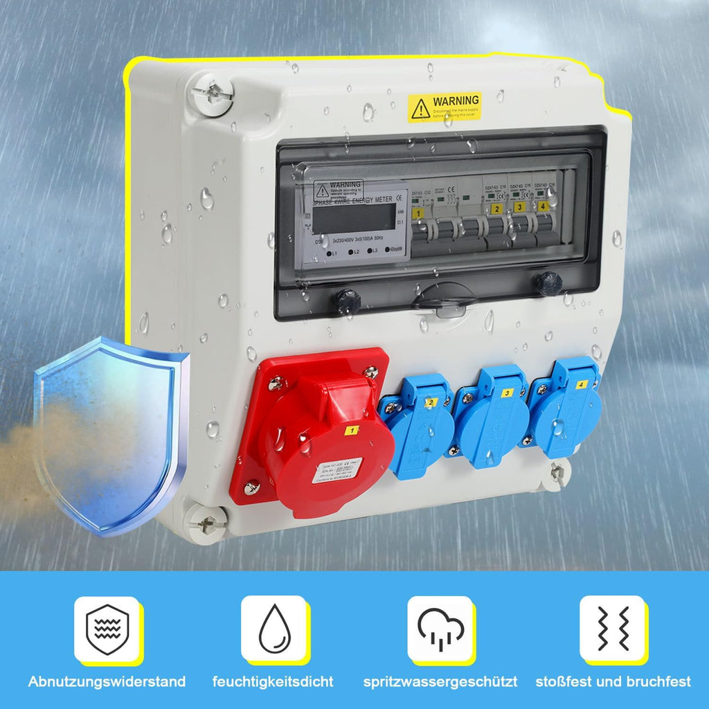 Stromverteiler 32A Industrie IP65 mit 3-Phasen Energiezähler 100A, 3x Schuko 16A, CEE 32A 5-polig, Wandverteiler mit Leitungsschutzschaltern für Baustelle