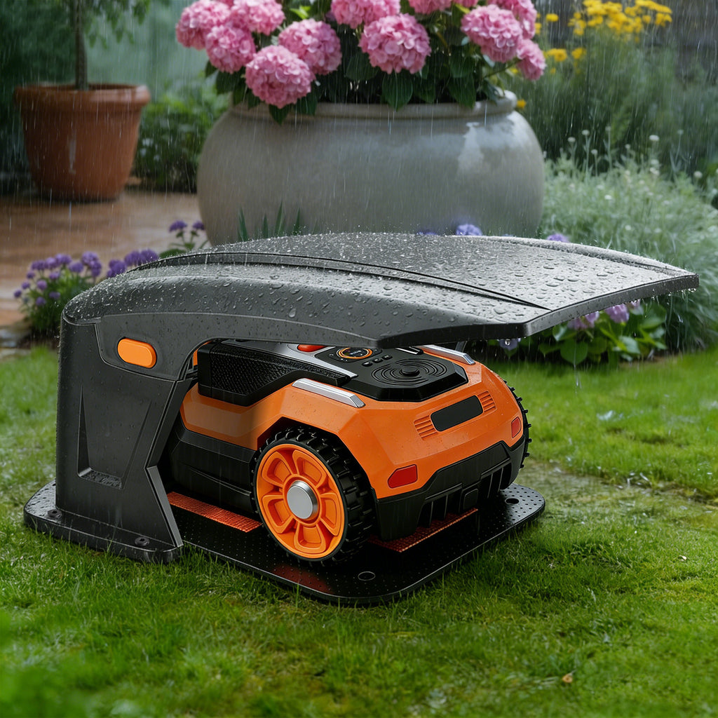 Hochklappbar Mähroboter Garage Kompatible Ladestationen Schutzüberdachung für Rasenroboter Zubehör für Mähroboter Keine Signalblockierung UV-Schutz, Gegen Regen und Hagel 70.5x57x33cm