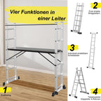 Gerüst, 4 in 1 Alu Multifunktionsleiter 6+6 Stufen, Mobile Mehrzweckleiter mit Plattform und 2 Räder, Arbeitsgerüst, Arbeitsbühne, Belastbar bis max. 150 Kg
