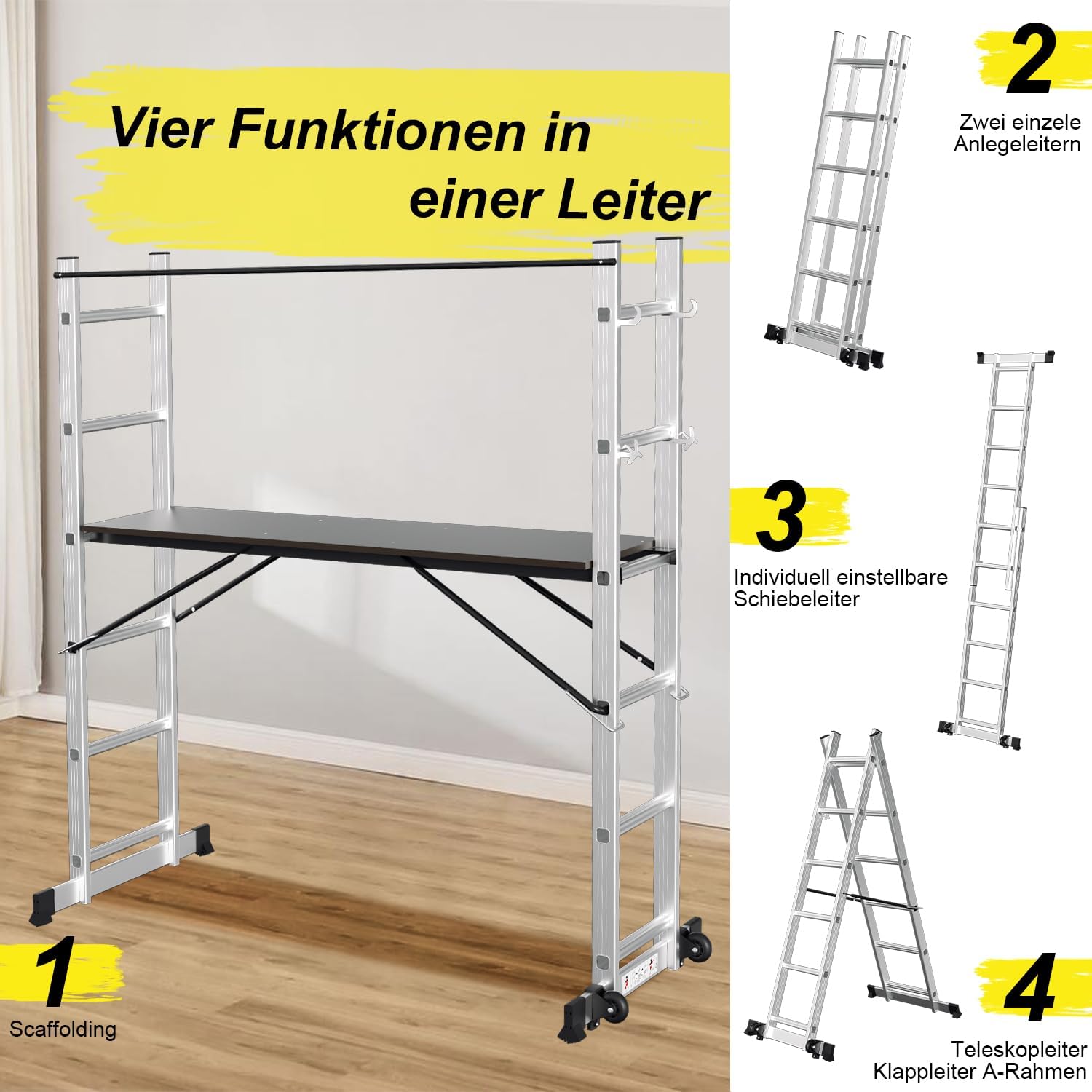 Gerüst, 4 in 1 Alu Multifunktionsleiter 6+6 Stufen, Mobile Mehrzweckleiter mit Plattform und 2 Räder, Arbeitsgerüst, Arbeitsbühne, Belastbar bis max. 150 Kg