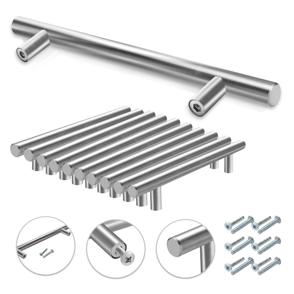 10er-Pack silberfarbene Edelstahl-Schrankgriffe, T-förmige Griffe mit einem Durchmesser von 12 mm, Türgriffe und Stangengriffe, Lochabstände 96/128/160 mm, hochwertige Möbelgriffe für Küchenschränke und Schubladen