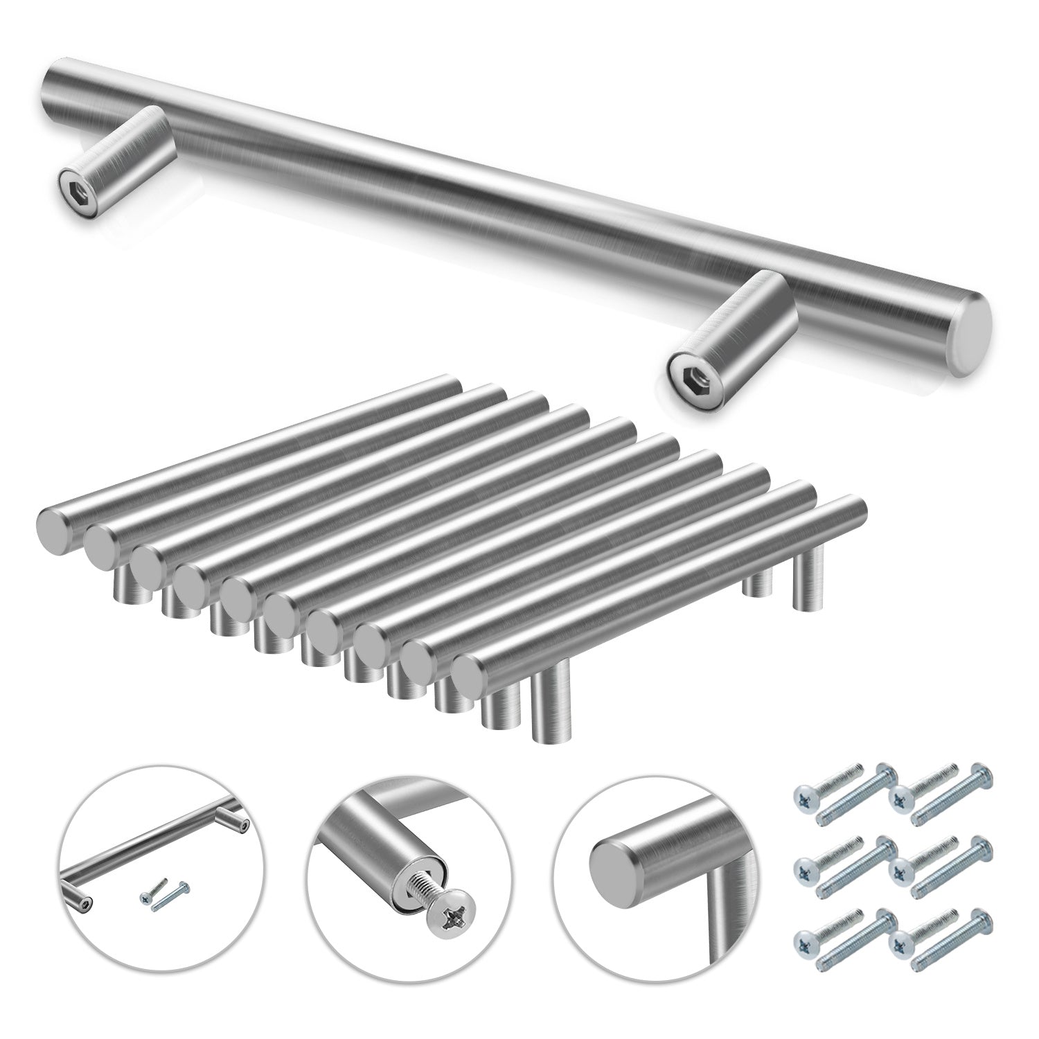 10er-Pack silberfarbene Edelstahl-Schrankgriffe, T-förmige Griffe mit einem Durchmesser von 12 mm, Türgriffe und Stangengriffe, Lochabstände 96/128/160 mm, hochwertige Möbelgriffe für Küchenschränke und Schubladen