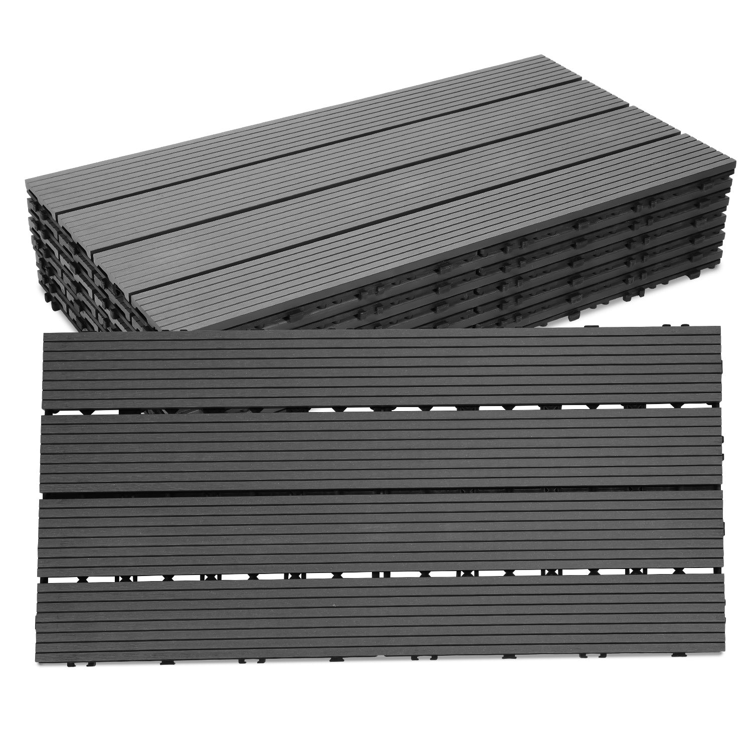 WPC-Fliesen, 30 x 60 cm, Terrassenfliesen, Klickfliesen, Balkonfliesen mit Holzoptik, witterungsbeständige Platten mit Entwässerungsfunktion, geeignet für Terrassen, Balkone und Gärten, braun/rotbraun/dunkelgrau/teakfarben (6 Stück = 1 Quadratmeter)