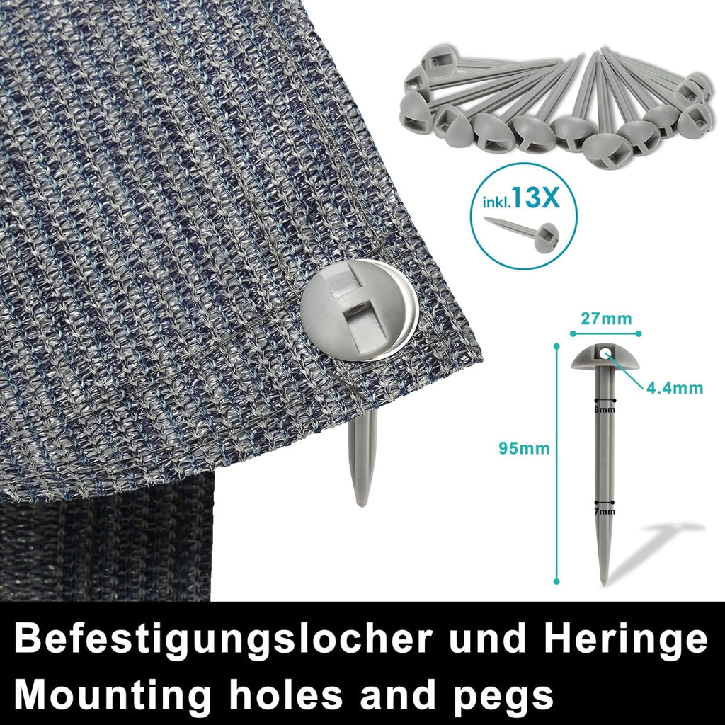 Vorzeltteppich Markisenteppich, Campingteppich atmungsaktiv rutschfest,Waschbare, Zeltteppich mit 12 Löchern, 13 Heringe und Tragetasche,Vorzeltboden Verschiedene Größen(Grau Blau)