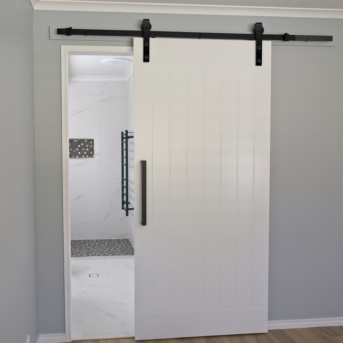 Beschläge für schwarze Schiebetüren, Beschläge für rechteckige Schiebetüren, Schienen für Schiebetüren, geräuscharmer Lauf, erhältlich in den Längen 152 cm, 183 cm, 200 cm, 244 cm und 363 cm (Tür nicht im Lieferumfang enthalten)