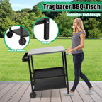 Grillbeistelltisch | Outdoor-Grilltisch mit Verstellbarer Ablage, Gewürzregal und 6X Haken, mobiler Grillwagen mit 2 Rollen, Küchenwagen für Grill und Pizza, 84x67x41cm