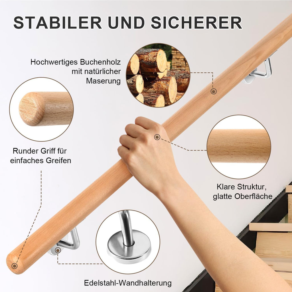 Treppengeländer, Wandgeländer mit Wandbefestigungen und Endkappen, Durchmesser 42 mm, wandmontiertes Treppengeländer, rutschfestes Geländer für Treppen und Balkone, erhältlich in den Längen 50, 80, 100, 120, 150 und 200 cm.