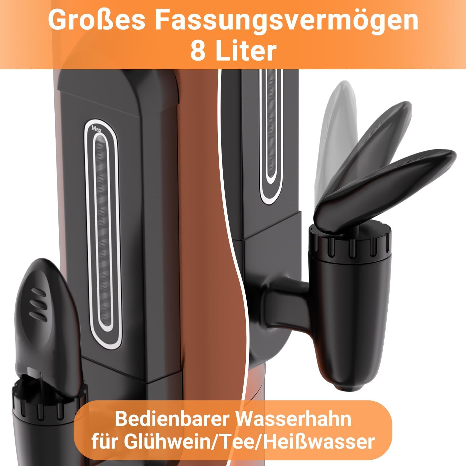Glühweinkocher 8L / 1500W, Einkochautomat aus Edelstahl Glühweinkessel Glühweinautomat Heißgetränkeautomat Temperatur von 30-110°C Heißwasserspender mit 10x Becher Kupfer
