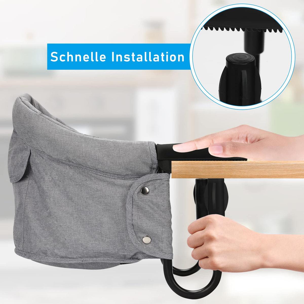 Tischsitz Faltbar Babysitz,Baby Hochstuhl Sitzerhöhung,Baby Tischsitz Stuhlsitz für zu Hause und Unterwegs mit Transporttasche,Belastbar bis 18 kg(Grau)