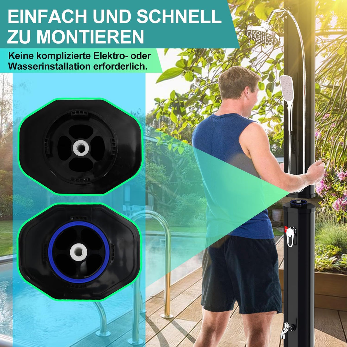Solardusche 35L Solar Gartendusche warmes Wasser Bis Zu 60°C ohne Stromanschluss Pooldusche Camping mit Fußdusche und schwenkbarem Regenduschkopf, inkl. Montagematerial, Schwarz