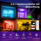 Deckenventilator Mit Beleuchtung, Smart RGB LED Fan Licht, φ50cm Deckenleuchte mit Ventilator, dimmbar, App und Fernbedienung, 6-Gang, 3 Farbtemperatur, Timer, Sommer/Wintermodus