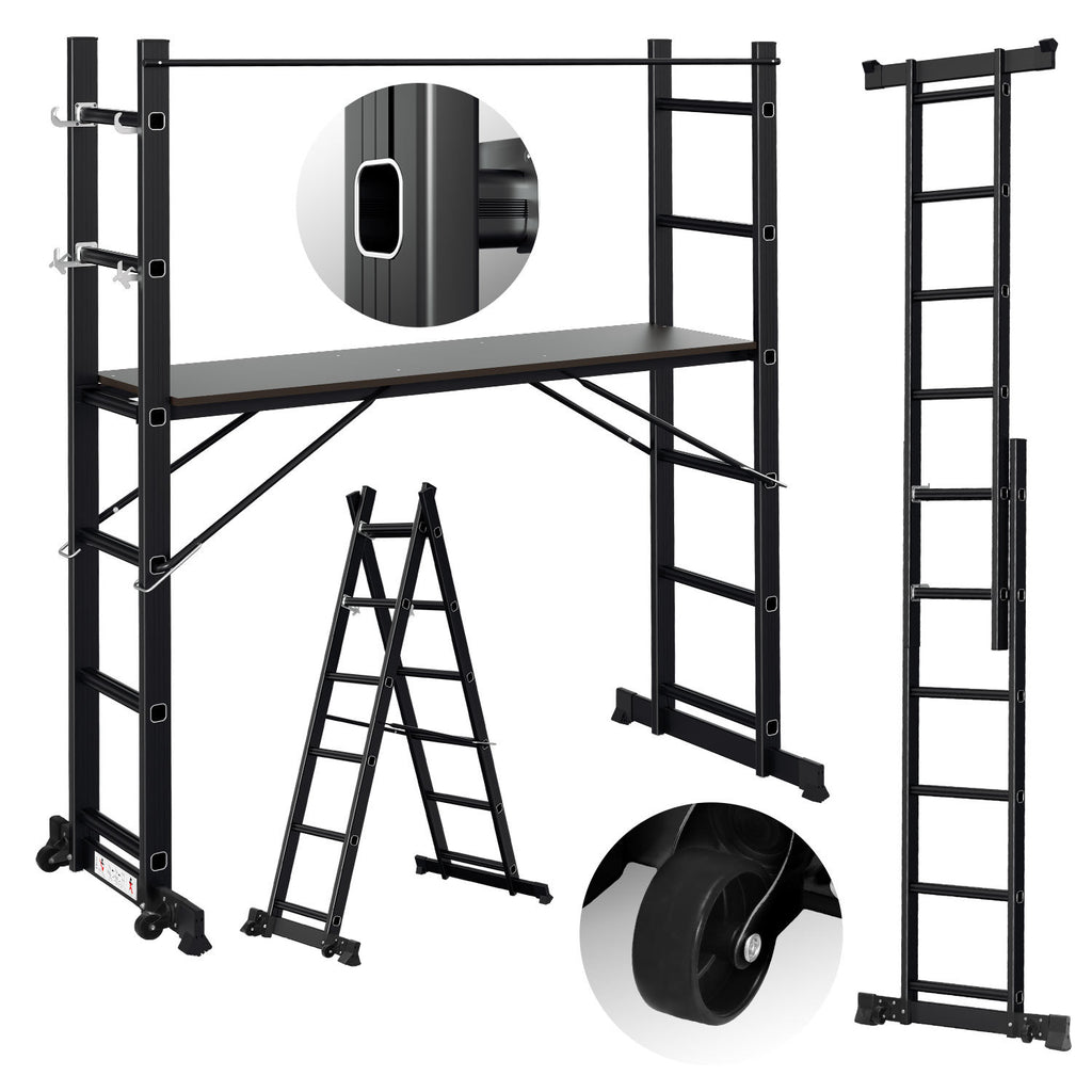 Gerüst, 4 in 1 Alu Multifunktionsleiter 6+6 Stufen, Mobile Mehrzweckleiter mit Plattform und 2 Räder, Arbeitsgerüst, Arbeitsbühne, Belastbar bis max. 150 Kg