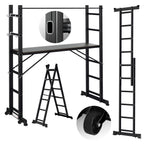 Gerüst, 4 in 1 Alu Multifunktionsleiter 6+6 Stufen, Mobile Mehrzweckleiter mit Plattform und 2 Räder, Arbeitsgerüst, Arbeitsbühne, Belastbar bis max. 150 Kg
