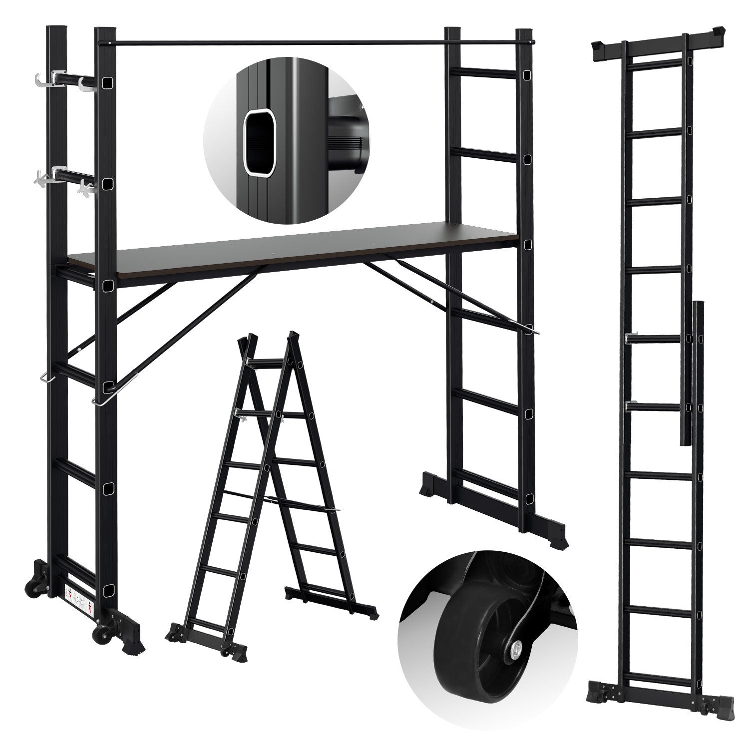 Gerüst, 4 in 1 Alu Multifunktionsleiter 6+6 Stufen, Mobile Mehrzweckleiter mit Plattform und 2 Räder, Arbeitsgerüst, Arbeitsbühne, Belastbar bis max. 150 Kg
