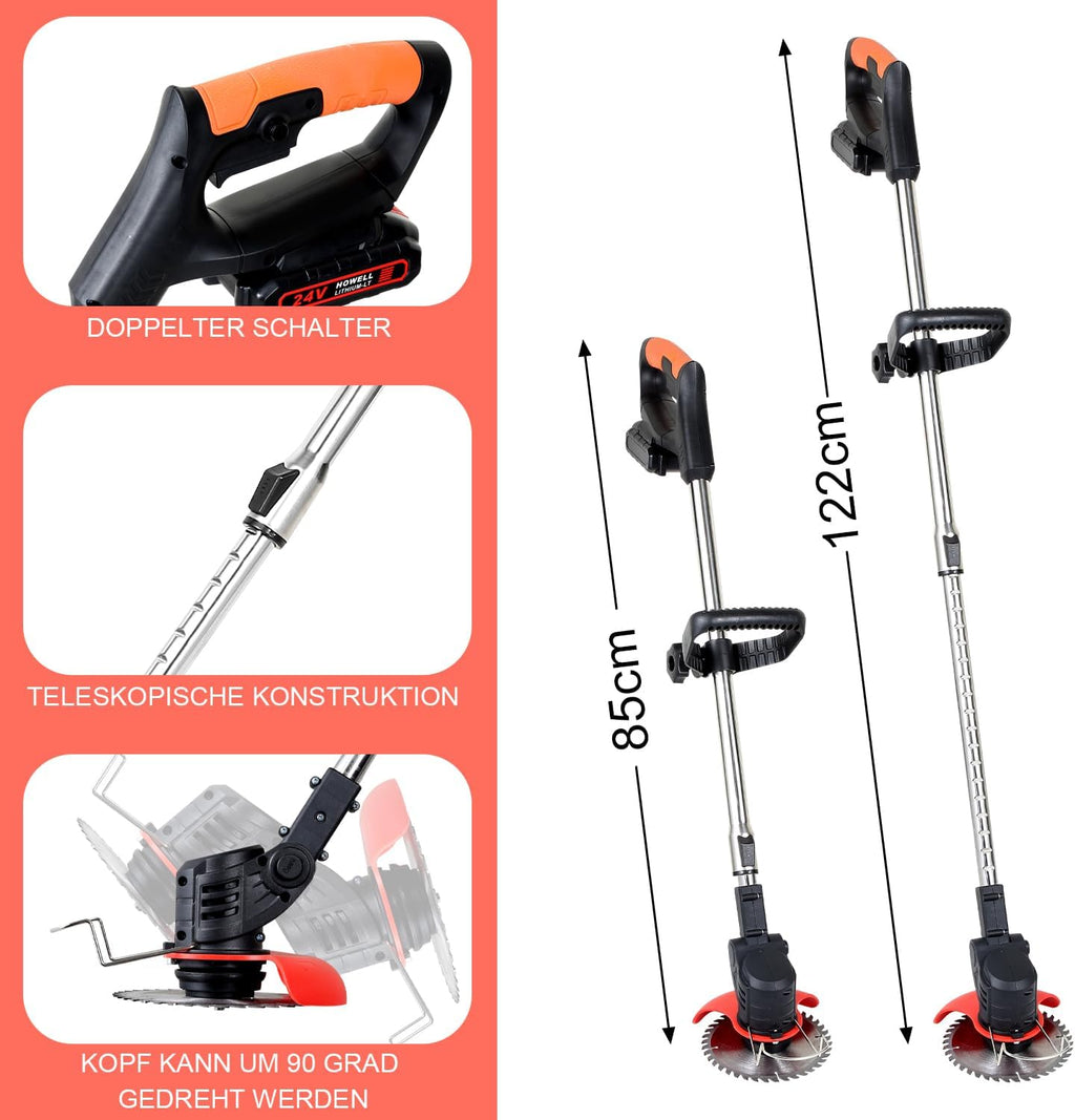 Akku-Rasenmäher, Rasentrimmer (Set mit 2 Akkus à 1,5 Ah und Ladegerät), 2-in-1, 18.000 U/min, 24 V, Kantenschneider