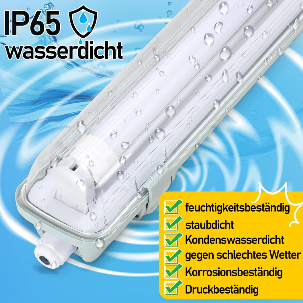 LED Feuchtraumleuchte Wannenleuchte 150cm 24W, 2400 Lumen 6500K, IP65 Wasserfest mit T8 LED Röhre für Garage Werkstatt Keller Außenbereich