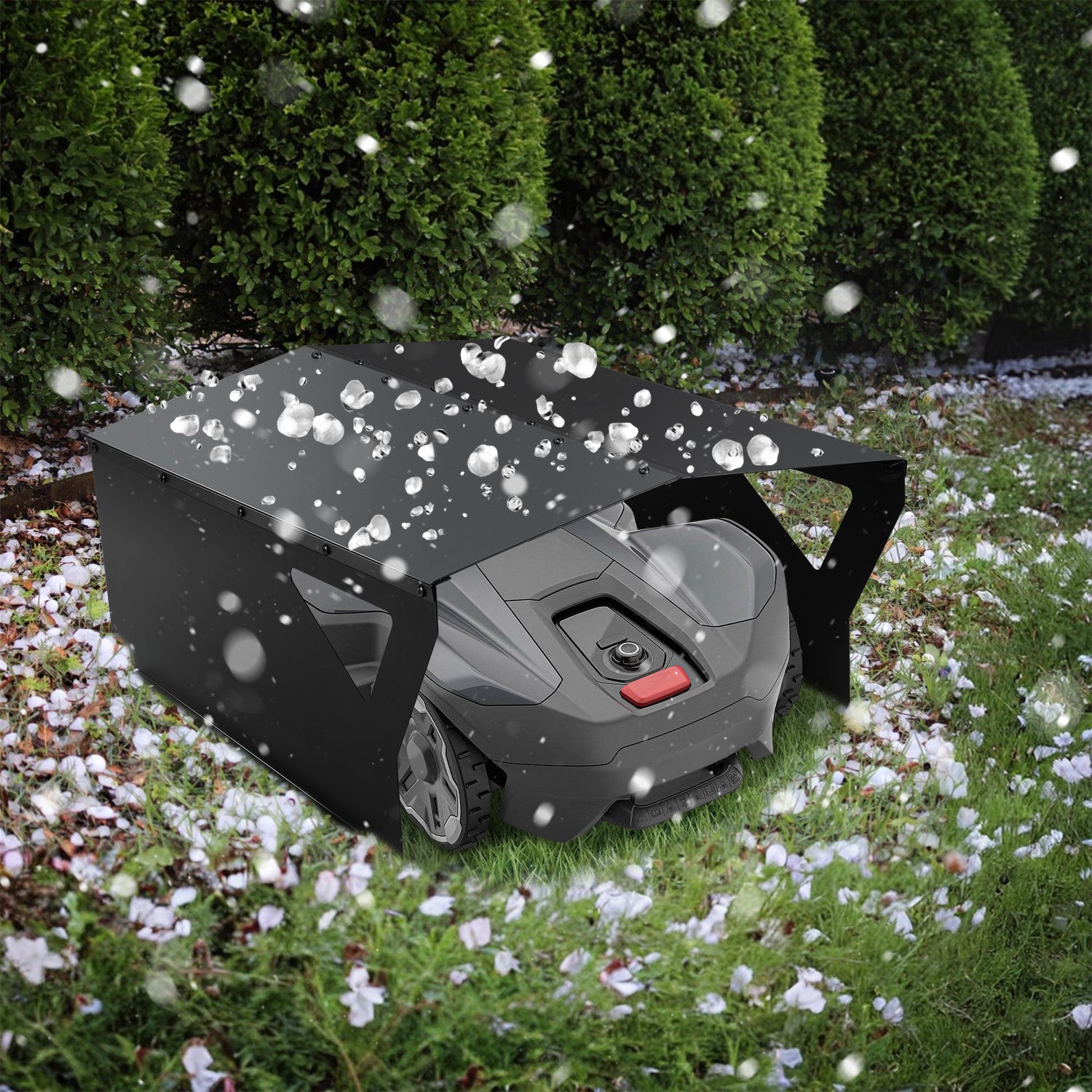 Garage für Mähroboter, 78 x 60 x 34 cm, schwarzer, verzinkter Unterstand, schützt vor Regen, Sonne und Hagel, witterungsbeständig und UV-beständig, geeignet als Überdachung für Gartenmäher und Mähroboter, inklusive Montagezubehör