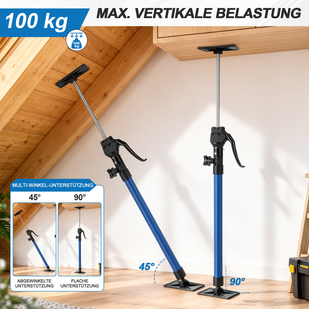 60–115 cm Stützstange für Tischlerarbeiten, inklusive Aufbewahrungstasche | Tragkraft 100 kg, 3-stufige Höhenverstellung, Hilfswerkzeug für die Schrankmontage, inklusive Aufbewahrungstasche