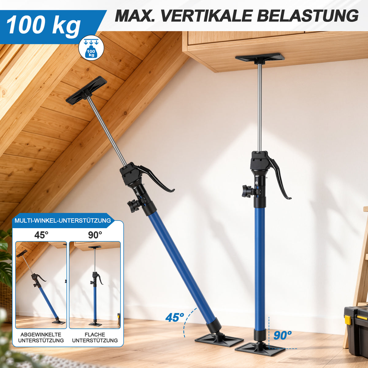 60–115 cm Stützstange für Tischlerarbeiten, inklusive Aufbewahrungstasche | Tragkraft 100 kg, 3-stufige Höhenverstellung, Hilfswerkzeug für die Schrankmontage, inklusive Aufbewahrungstasche