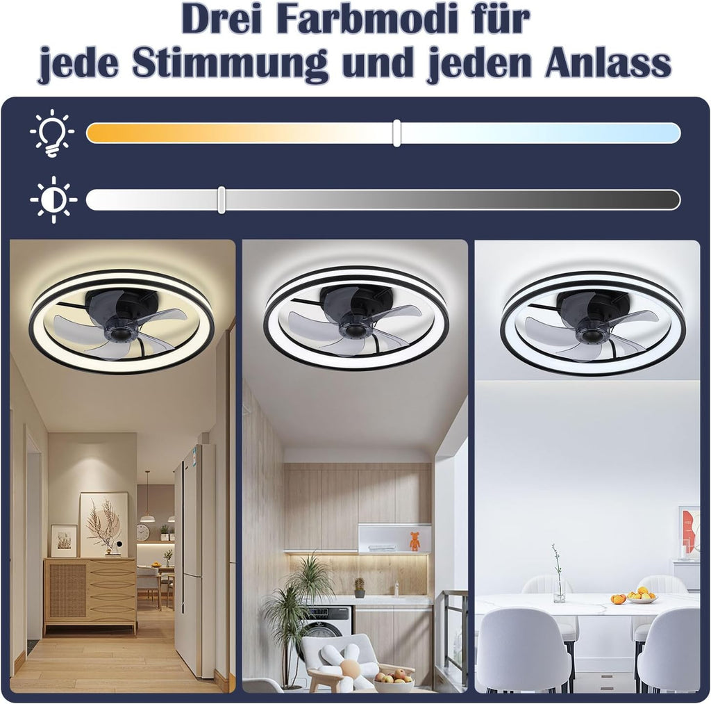2 in 1 Deckenventilator Mit Beleuchtung und leise, φ50cm Deckenleuchte mit Ventilator, dimmbar, App und Fernbedienung, 6-Gang, Timer, Für Schlafzimmer Wohnzimmer Esszimmer