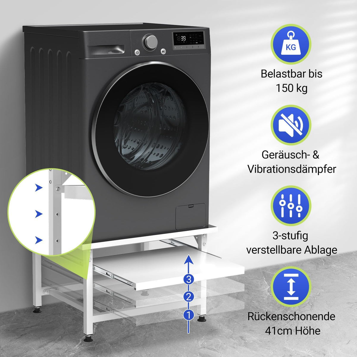 Waschmaschinen Untergestell mit Ausziehbarem Regal, 42cm Höhe, Höhenverstellbare Füße & Geräuschdämpfung, Waschmaschinen Sockel mit 3 stufiger Auszugsschublade, 150kg Belastbarkeit, Schwarz/Weiß
