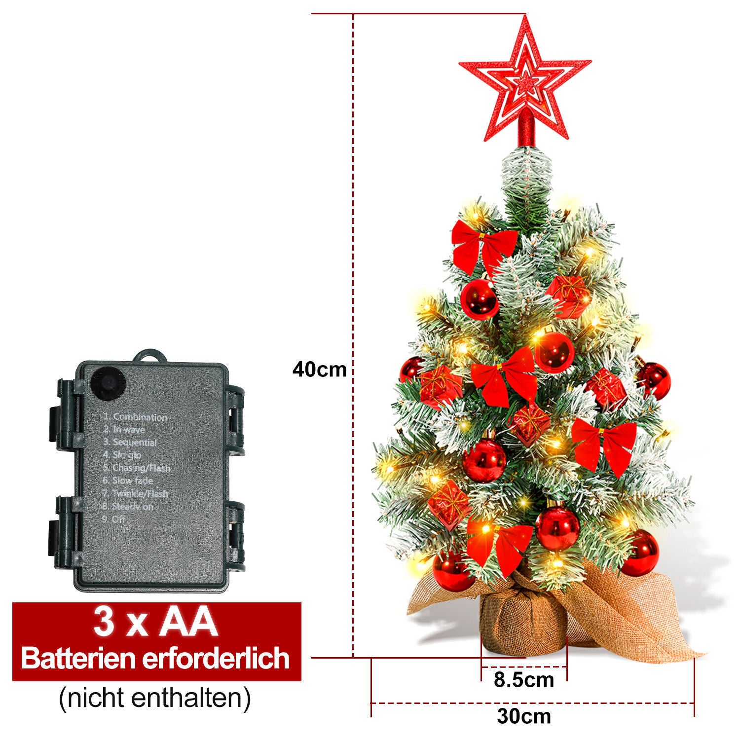 40 cm hoher Mini-Weihnachtsbaum mit LED-Beleuchtung, kleiner künstlicher Tannenbaum, Tannenbaum für den Tisch, mit roten, goldenen und silbernen Christbaumkugeln