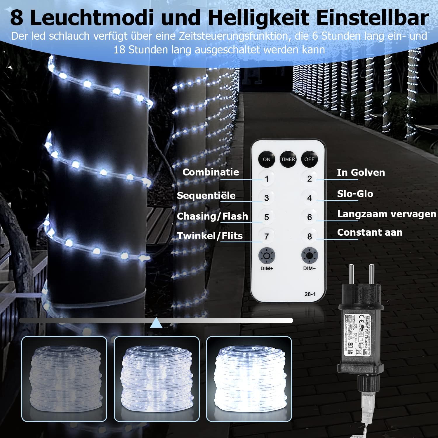 LED-Lichtschläuche, 10/20/30 Meter, Wasserdicht nach Schutzklasse IP65, mit Fernbedienung und 8 Beleuchtungsmodi, dekorative Lichterketten für den Innen- und Außenbereich, kaltweißes Licht/warmweißes Licht/buntes Licht, Helligkeit einstellbar