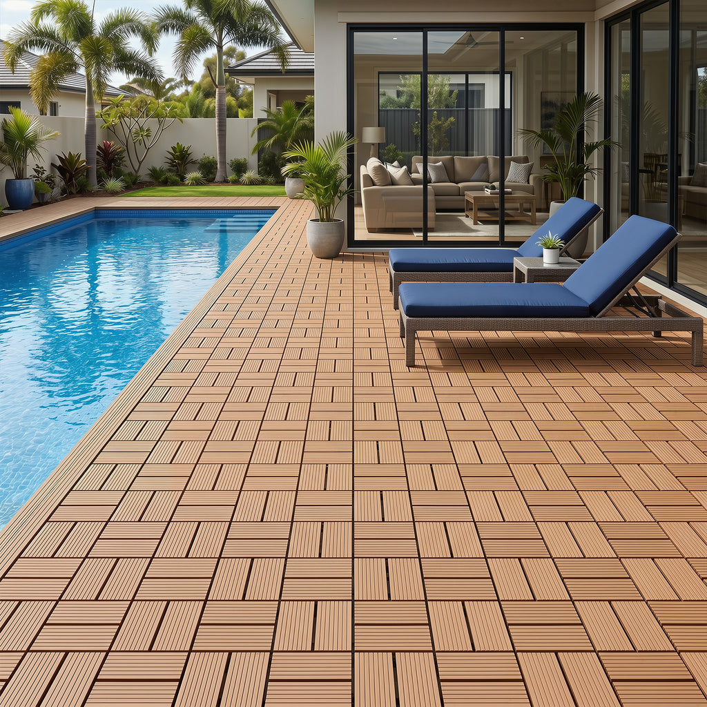 8 Streifen | 30 x 30 cm WPC-Terrassenfliesen 1–5 m², Teakholz-Optik/Rotbraun/Dunkelgrau | Wasserfeste, verlegbare und wasserdurchlässige Fliesen, geeignet für Balkone, Terrassen, Gärten und Außenbereiche