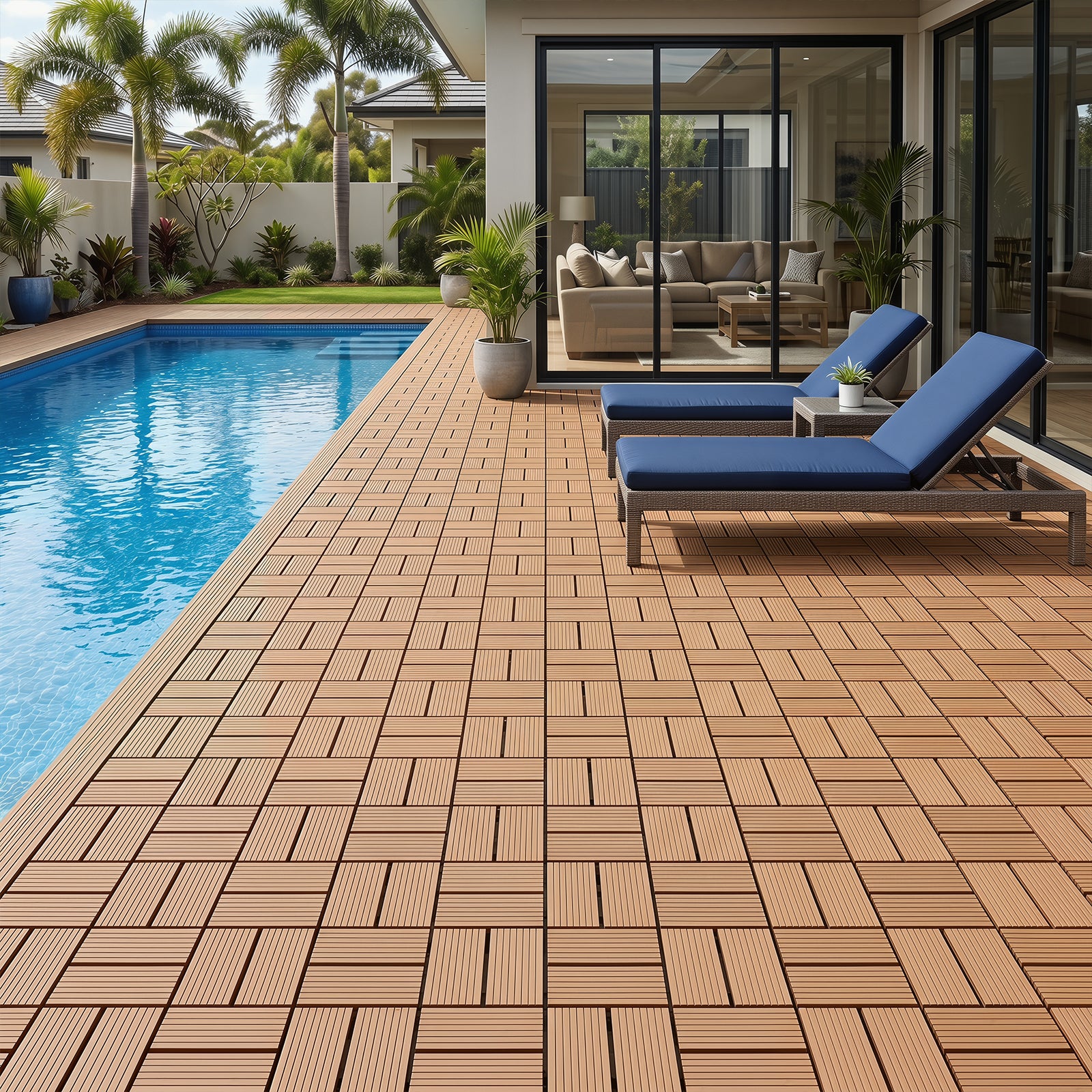 8 Streifen | 30 x 30 cm WPC-Terrassenfliesen 1–5 m², Teakholz-Optik/Rotbraun/Dunkelgrau | Wasserfeste, verlegbare und wasserdurchlässige Fliesen, geeignet für Balkone, Terrassen, Gärten und Außenbereiche