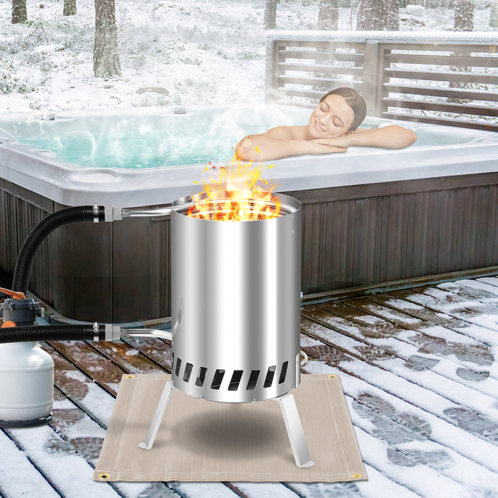 Brennholz Poolheizung, Poolheizung mit Feuer, Poolheizung Feuertonne, Edelstahl Pool beheizt Feuer Eimer 32/38mm Anschlüsse, 100% rostfreier Edelstahl mit Feuerfeste Matte und Rußschublade