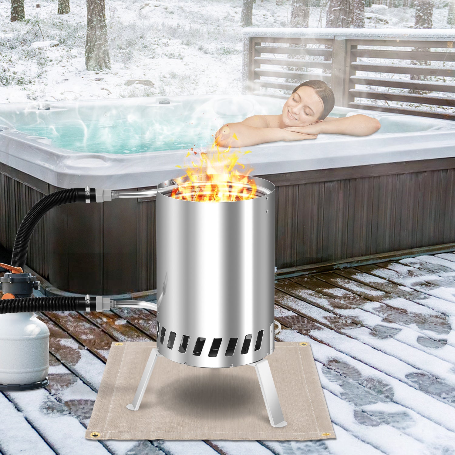 Brennholz Poolheizung, Poolheizung mit Feuer, Poolheizung Feuertonne, Edelstahl Pool beheizt Feuer Eimer 32/38mm Anschlüsse, 100% rostfreier Edelstahl mit Feuerfeste Matte und Rußschublade