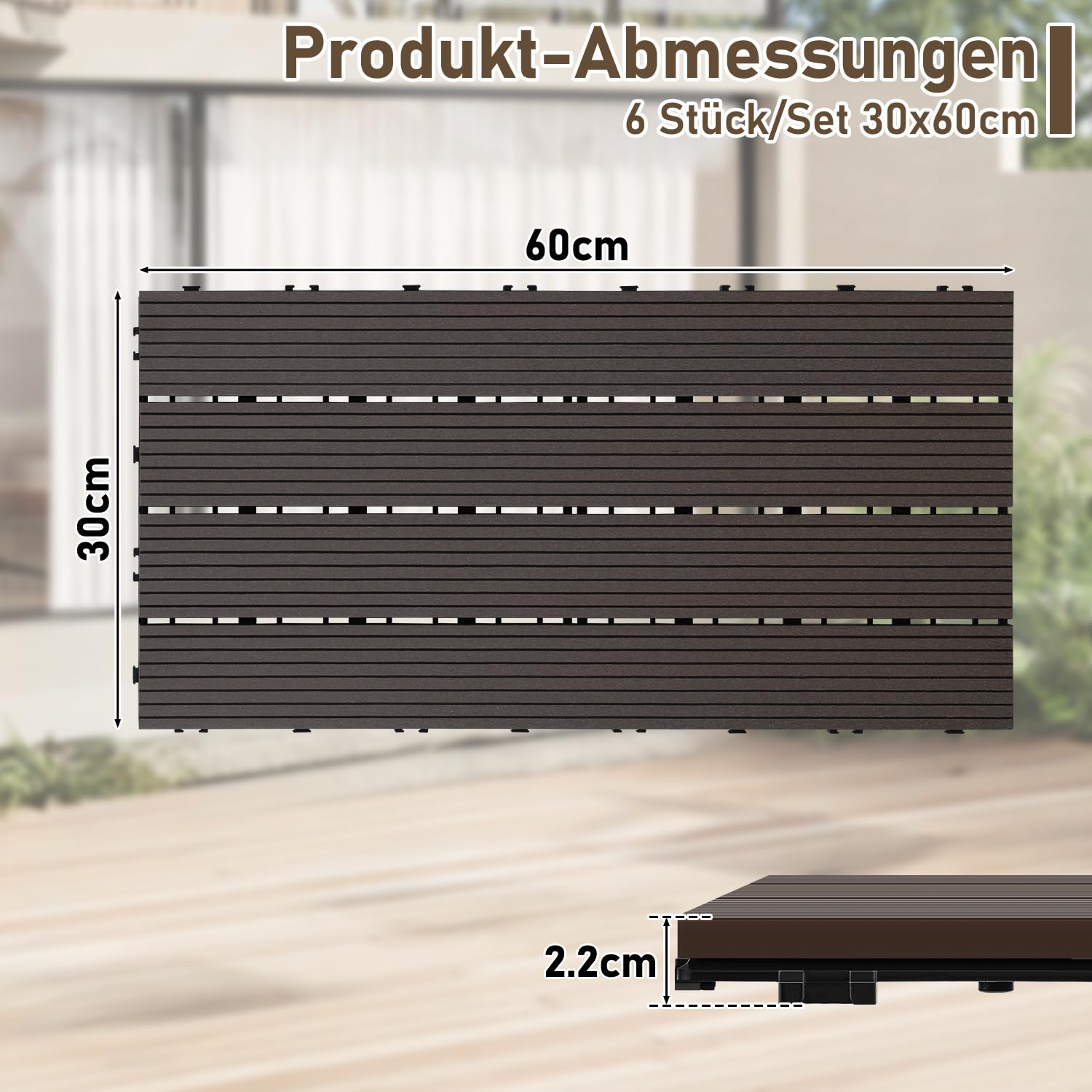 WPC-Fliesen, 30 x 60 cm, Terrassenfliesen, Klickfliesen, Balkonfliesen mit Holzoptik, witterungsbeständige Platten mit Entwässerungsfunktion, geeignet für Terrassen, Balkone und Gärten, braun/rotbraun/dunkelgrau/teakfarben (6 Stück = 1 Quadratmeter)